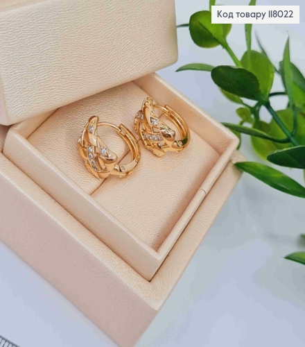 Серьги кольца имитация плетения с камешками, ширина 8мм, диаметр 1,6см, Xuping 18K 118022 фото 2