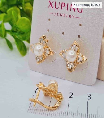 Серьги "Цветочек" с Жемчужиной Камешками, 1,6см, английская застежка, Xuping 18К 119404 фото 2