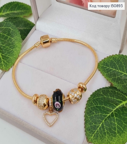 Браслет "Пандора" с черным шармиком с объемной лепкой и сердечком в камнях, длиной 20см. Xuping 18К 150893 фото 2