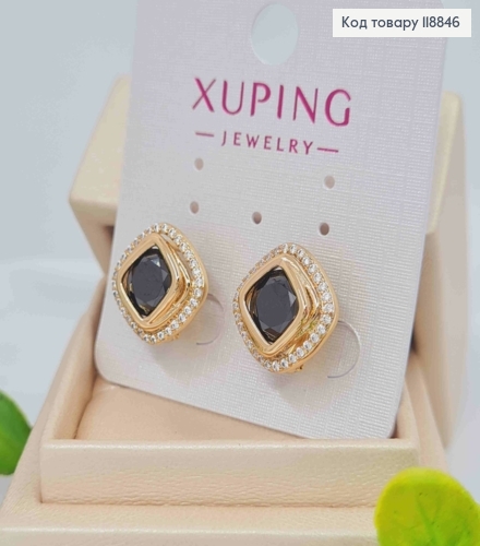 Сережки "Очі Сфінкса" з Зеленим каменем в оправі з камінців, 1,4см, англ. застібка, Xuping 18К 118846 фото 2