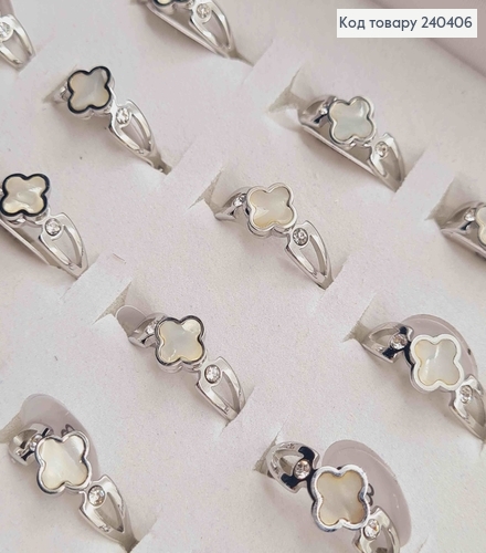 Перстень срібного кольору, чотирилисник з білою емаллю, "Van Cleef", сталь Stainless Steel 270010 фото 2