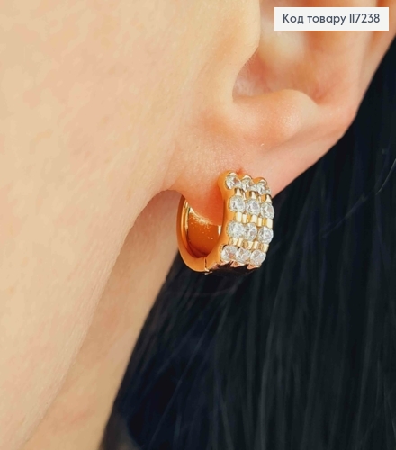 Сережки кільця ШИРОКІ з блискучими камінцями, діаметр 1,4см, ширина 7мм  XUPING 18K 117238 фото 2