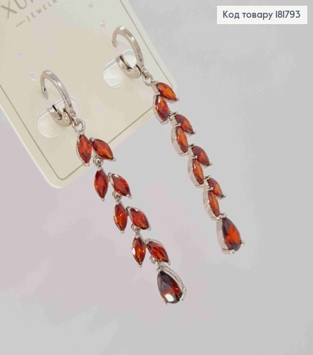 Серьги родованные кольца (1,1см) с подвесной веточкой из Красных камешков, дл. 4,3см, Xuping 181793 фото 3