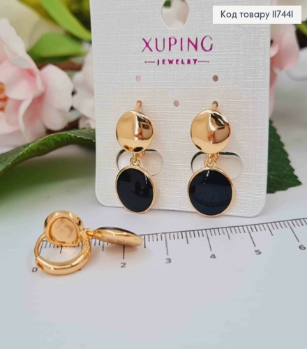 Серьги кольца 1,4см, Монетка с подвесной монеткой с эмалью Черного цвета, 1+1,1см XUPING 18K 117441 фото 2