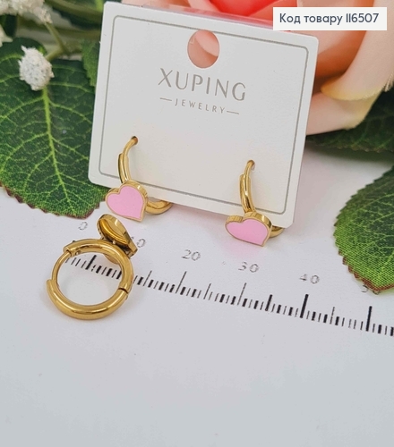 Серьги кольца, лимонного цвета, Сердечки с розовой эмалью, сталь Stainless Steel 116507 фото 2
