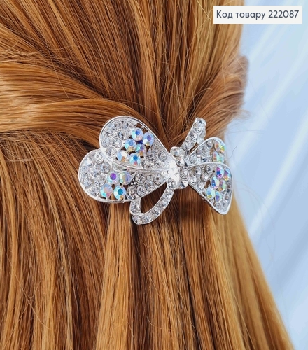 Заколка автомат металл 5,5*3см Бантик в камешках серебряного цвета 222087 фото 2