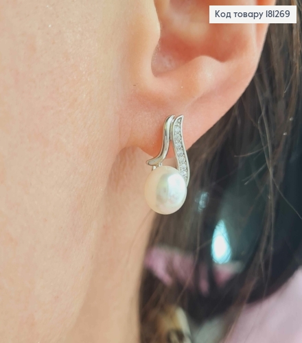 Серьги родованные, "Дар" в камешках, с жемчужиной. 1,6см, с англ. зам. Xuping 181269 фото 2