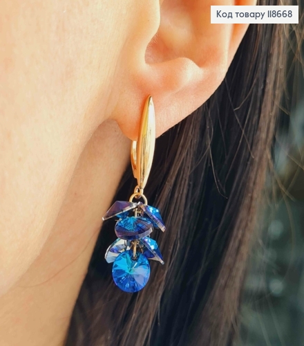 Серьги с подвесными Темно-Синими камешками Сваровски, 2+1,8см, английская застежка, Xuping 18К 118668 фото 3