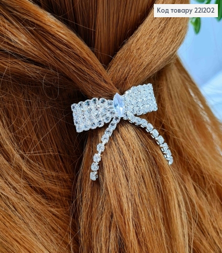 Заколка автомат металева (2шт), "Бантик" з блискучими камінцями, 4*3см, Срібного кольору 221202 фото 2