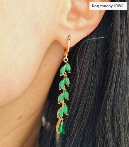 Сережки кільця (1,1см) з підвіскою Гілочка з Зелених камінців (4,1см), Xuping 18K 119180 фото 2