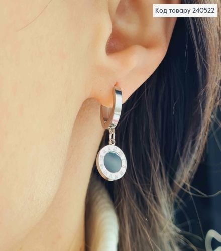 Сережки кільця, Римський годинник, срібного кольору з чорною вставкою, Stainless Steel 240522 фото 3