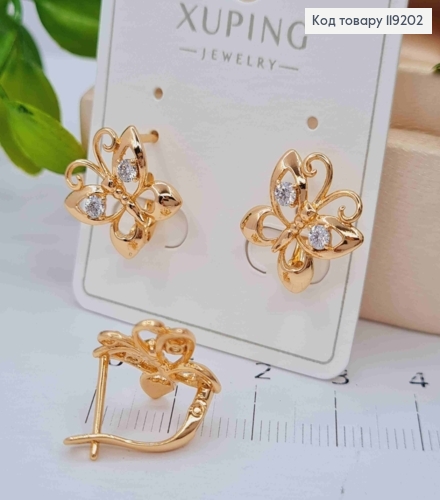 Сережки "Метелики" прикрашені Блискучими камінцями, 1,5см, англійська застібка, Xuping 18K 119202 фото 3