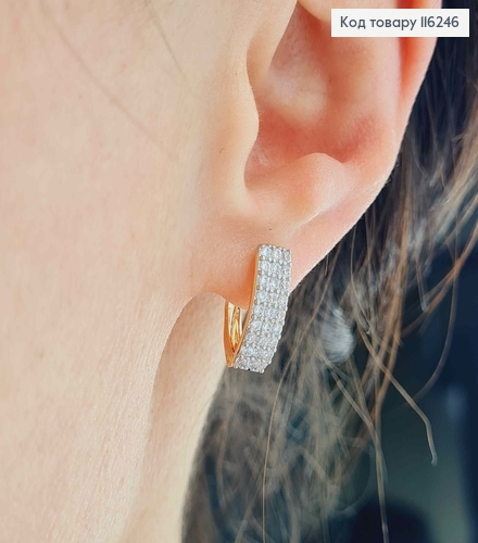Серьги, Пластинки, с тремя рядами камешков, с рождённой вставкой, 1,5см, англ. Xuping 18K 116246 фото 2