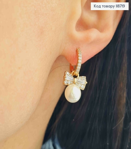 Серьги кольца в камешках со сменним Бантиком и Жемчужкой, диаметр 1,2+1,5см, XUPING 18K 118719 фото 3