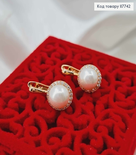 Серьги с жемчужиной в оправе из камней, 1,7см, английская застежка, XUPING 18K 117742 фото 2