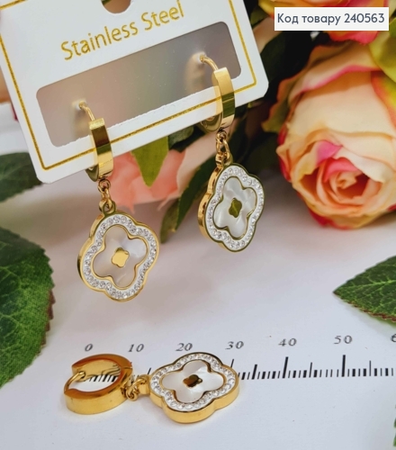 Сережки кільця, підвіска "Van Cleef" з білою емаллю, в камінцях, 1,5см, лимонні, сталь StainlessStee 260037 фото 2