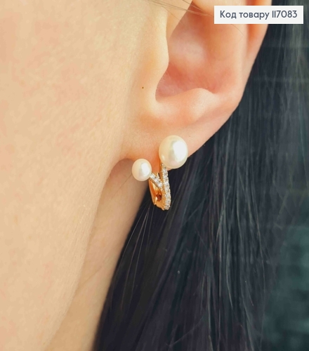 Серьги в камнях, с двумя жемчужинами, 2см, англ.зам. Xuping 117083 фото 2