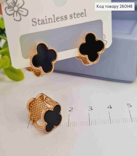 Серьги медного цвета, "Van Cleef" двойные с Черной эмалью, 1,3см, сталь Stainless Steel 260148 фото 3