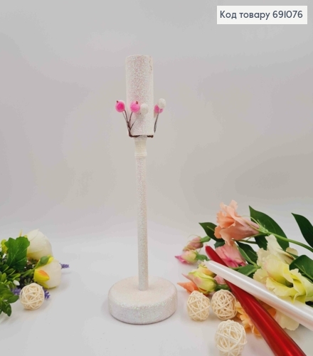 Підсвічник дерев'яний, блиск білого кольору, декорований ягодами, висота 28см, підставка 9см  691076 фото 2