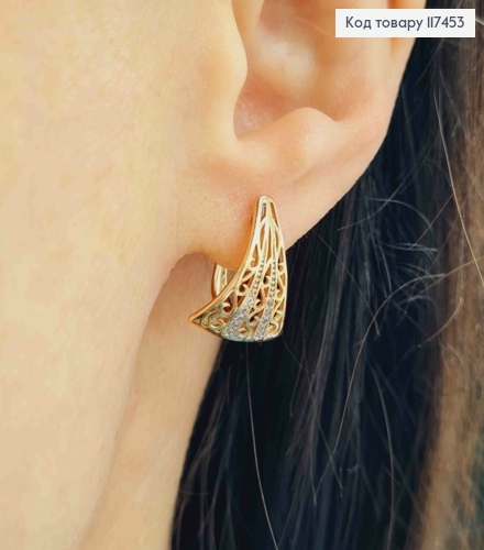 Серьги Ажурные треугольнички с камешками в два ряда, дл. 1,8см, английская застежка, XUPING 18K 117453 фото 3