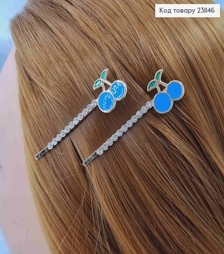 Набор невидимок (2шт) 6см, в камнях, с вишенками, синего и желтого цвета, 2шт/наб. 231146 фото 2