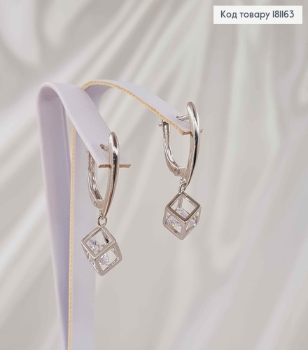Серьги родованные, с подвеской Кубиком с камешком, 2,7см, англ. застежка, Xuping 181163 фото 3