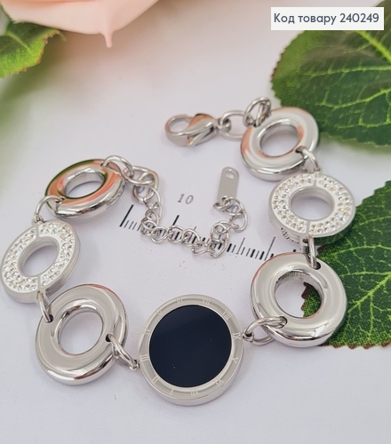 Браслет 19+6 см Римський годинник з чорною емаллю і камінцями, колір срібний, Stainless Steel 250002 фото 2