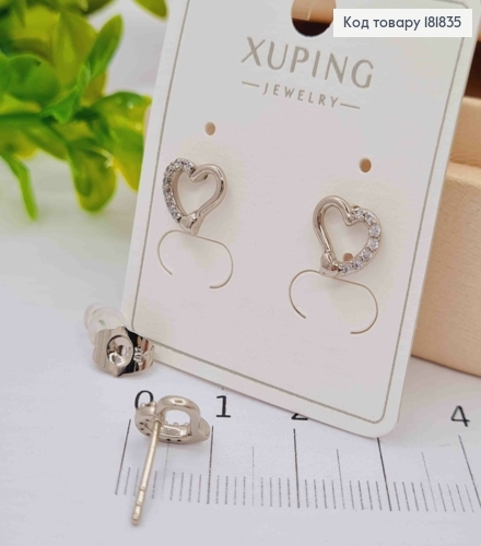 Серьги родованные гвозди "Сердце" с Блестящими камешками, 0,8см, XUPING 181835 фото 2