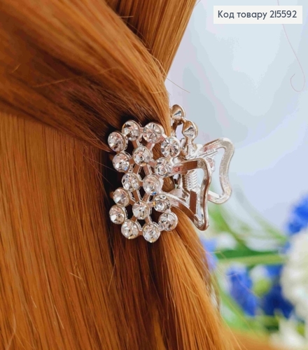 Краб металл "Цветочный Бантик", 2,5см в камешках, серебряного цвета 215592 фото 2