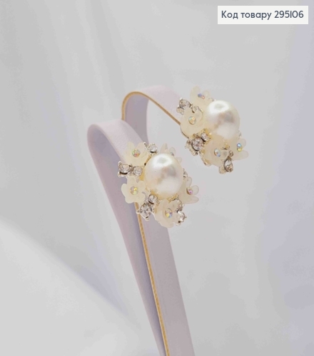 Серьги гвоздики, серебряного цвета, "5 цветочков" с жемчужиной и камешками 295106 фото 2