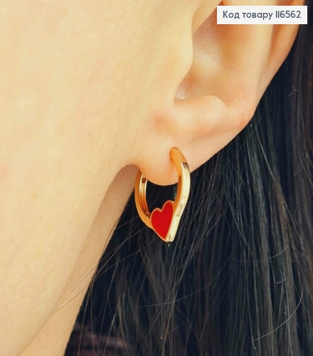 Серьги кольца 1,5см, с сердечком с красной эмалью, Xuping 18K 116562 фото 2
