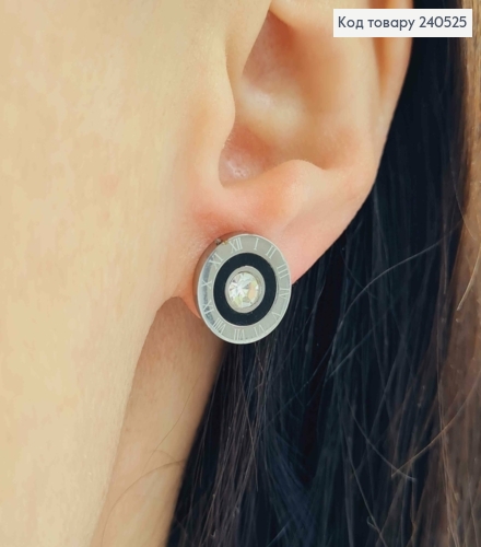 Сережки родовані гвіздки "Римський годинник" з чорною вставкою та камінцем, 1.4см, Stainless Steel 260027 фото 3