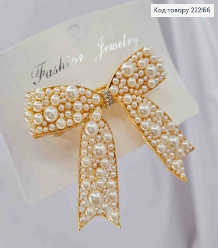 Заколка автоматик "Бантик" з Перлинками різного розміру, 7*6см, Золотого кольору 222166 фото 2