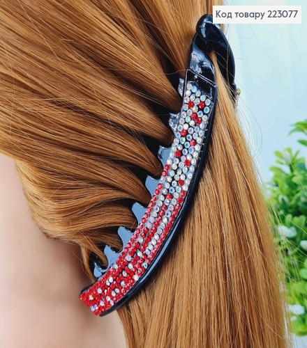 Заколка банан, черный пластик с пружиной, в цветных камнях 13см. 223077 фото 3