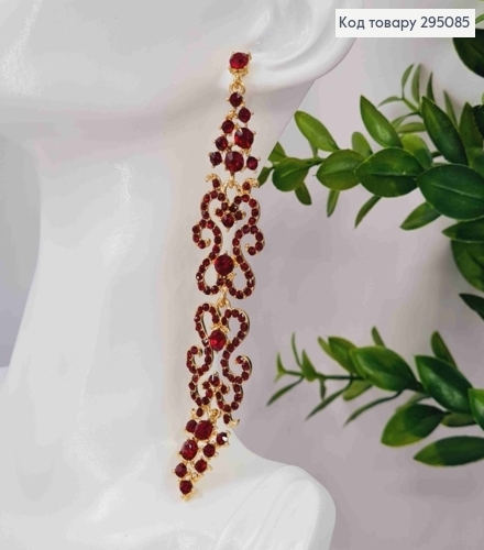 Вечерние-Свадебные серьги гвоздики, "АЖУРНЫЕ" украшены Красными камешками, 10,5см, золотого цвета 295085 фото 2