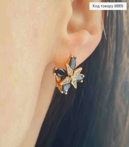 Серьги "Звездный Цветок" с Черными и Блестящими камешками, 1,5см, английская застежка, Xuping 18К 118851 фото 3