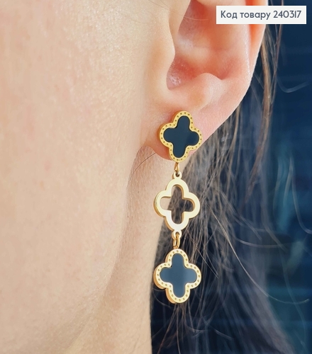 Серьги гвоздики, с подвеской четырехлистников черная эмаль, сталь Stainless Steel 240317 фото 2