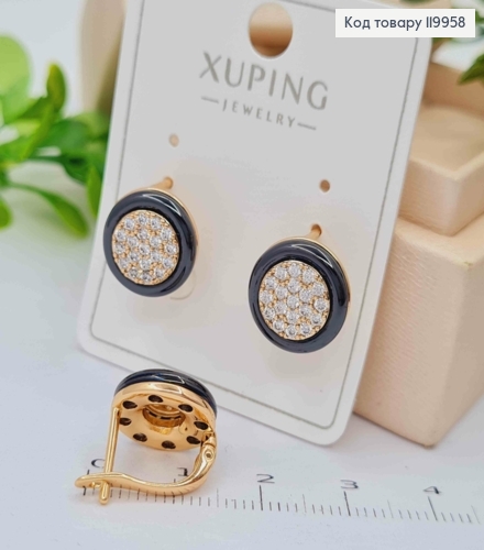 Серьги с Блестящими камешками и Черной эмалью, дл. 1,2см, английская застежка, Xuping 18K 119958 фото 2