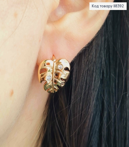 Сережки кільця "Листочок" з Блискучими камінчиками, 1,3см, Xuping 18К 118392 фото 3