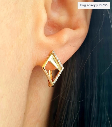 Серьги Ромбики, со вставкой и строчкой камешков, 1,5см, англ. зам. Xuping 18K 115783 фото 2