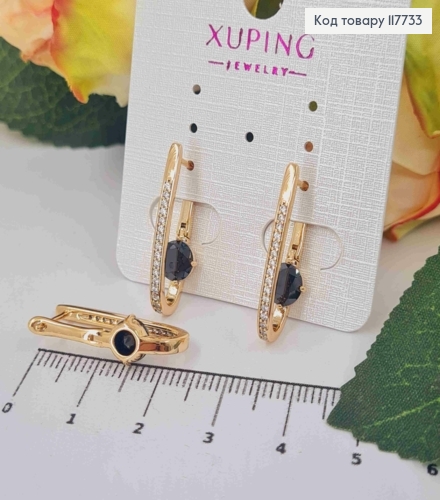 Серьги стрелы с камнями в один ряд и черным камнем в середине, 2,3см, англ застежка, XUPING 18K 117733 фото 2
