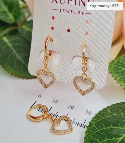 Серьги кольца 1см, с подвесками Сердечками в камешках, Xuping 18К 116781 фото 2