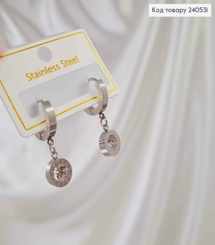 Сережки кільця, Римський годинник з камінцем, колір срібні, Stainless Steel 240531 фото 2