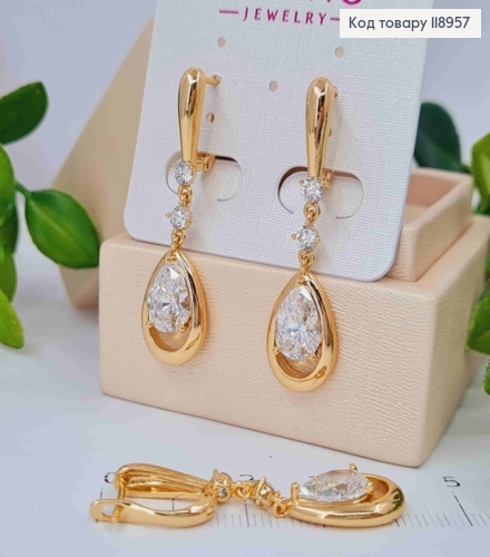 Сережки з підвісним Блискучим каменем краплинкою, 1,8+2,4см, англійська застібка, Xuping 18K 118957 фото 2