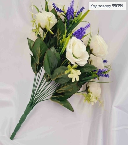 Искусственная композиция Белые розы с лавандой, 18 веток с цветами на металлическом стержне, 42см. 551359 фото 3