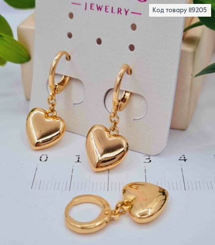 Сережки кільця з підвісним "Серцем" (1,2см), діаметр 1,1см, Xuping 18K 119205 фото 3
