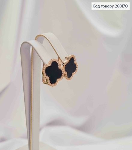 Сережки мідного кольору, Van Cleef з Чорною емаллю та Блискучими камінцями (1,5см), Fashion Jewelry 260170 фото 3