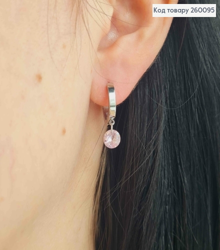 Сережки кільця (1,3см) з підвісним Рожевим камінцем, срібного кольору 0,6см, сталь Stainless Steel 260095 фото 2