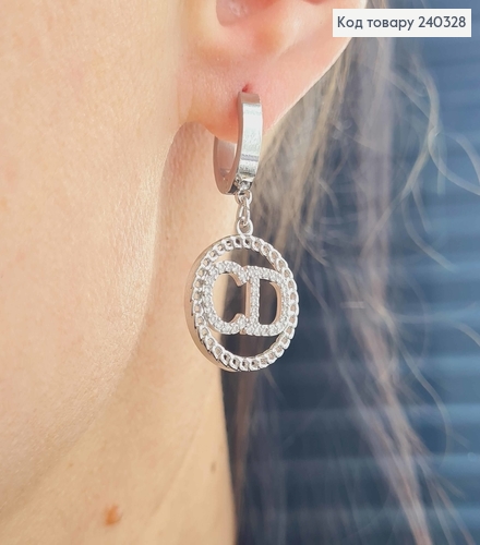 Серьги кольца серебряного цвета с подвеской "СD" в камнях сталь Stainless Steel 240328 фото 3
