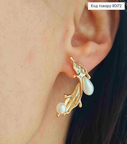 Сережки гвіздки "Таємничі" з Блискучими камінцями та Перлинками, 2,8см, Xuping 18К 110172 фото 2